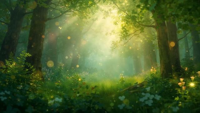 Sunlight Bathing Mossy Forest Glade with Glowing Light Shafts and Soft Mist