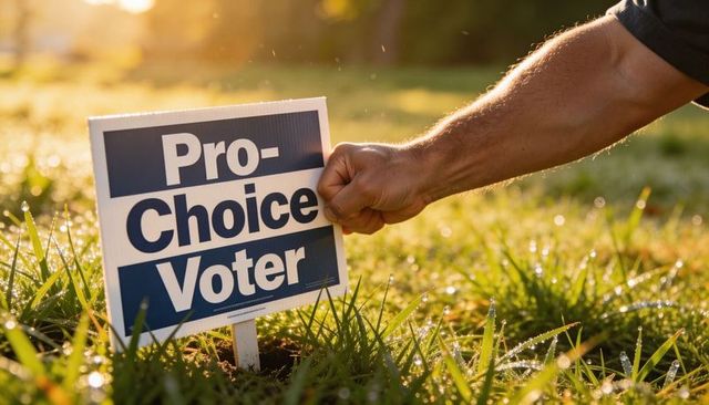 Hand grasping pro-choice voter yard sign on dewy lawn at golden hour campaign message