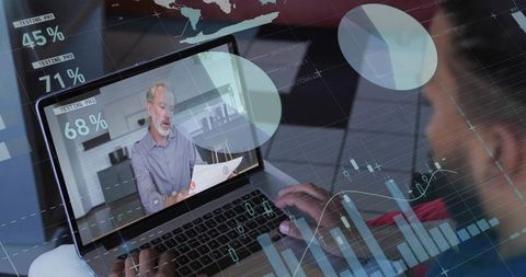 Watching virtual presentation on laptop with data overlays and analytics charts