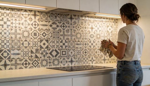 Homeowner wiping patterned tile backsplash in modern minimalist kitchen with warm lighting