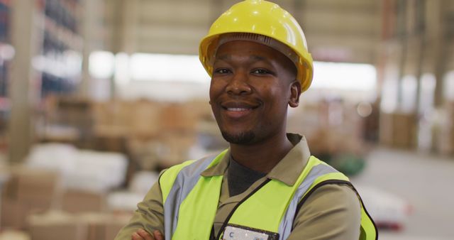 Portrait of african american male worker wearing safety suit and smiling in warehouse. global business, shipping and delivery.