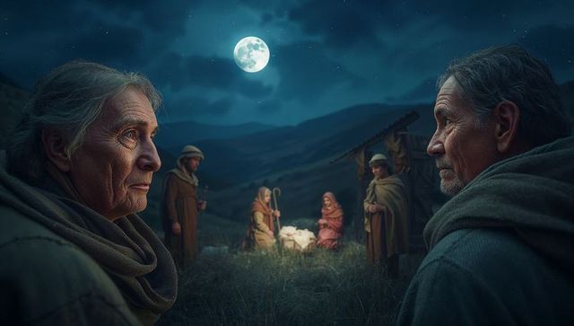 Holy night scenario: three kings with manger under moonlit sky