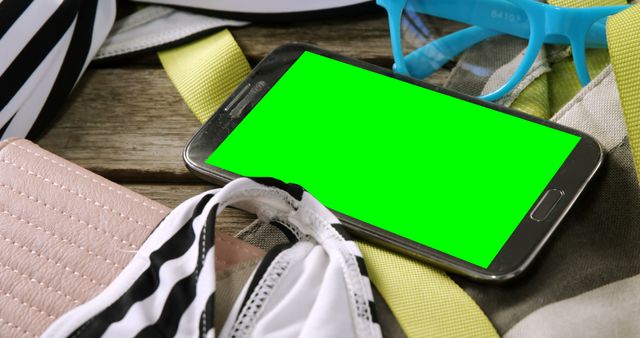 This image features a smartphone with a green screen placed among various beach essentials like sunglasses, a towel, and clothing on a wooden surface. Perfect for use in technology advertisements, summer vacation promotions, app demonstrations, and digital content mockups.