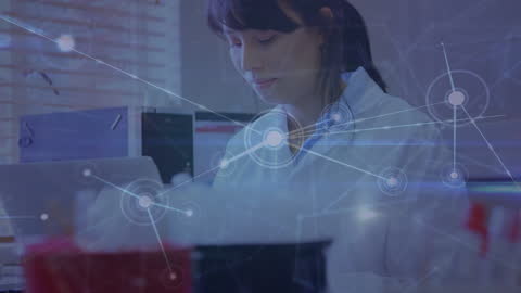 Scientist Analyzing Data with Digital Network Interface