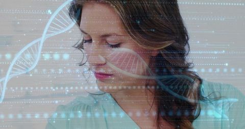 Serene woman in teal blouse with dna helix overlay suggesting genetics, biotech and data
