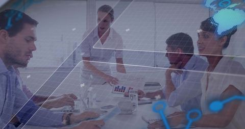 Female Leader Presenting Data to Executive Team with Digital Analytics Overlay