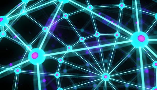 Neon network mesh with pulsing hubs and glowing connections for ai and tech concepts