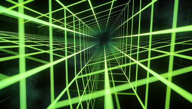 Glowing neon green wireframe tunnel receding into dark vanishing point with atmospheric fog