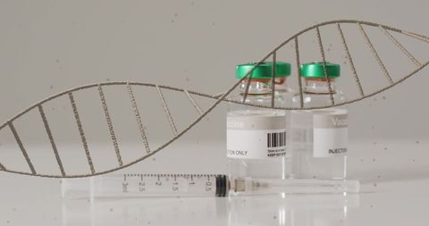 DNA Strand Over Vaccines and Syringe Indicating Biotechnical Progress