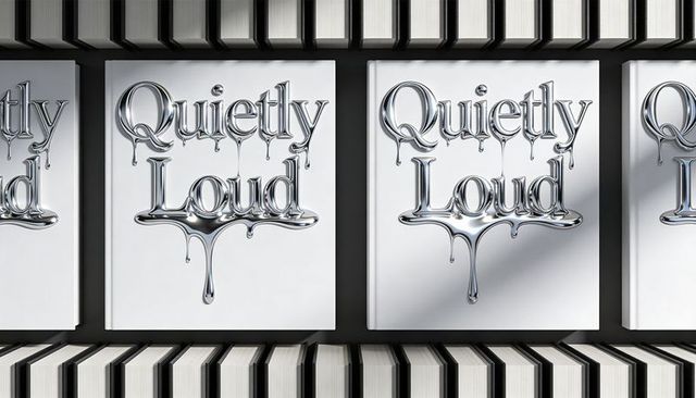 Quietly loud dripping chrome typography on minimalist white book cover, piano-striped spines