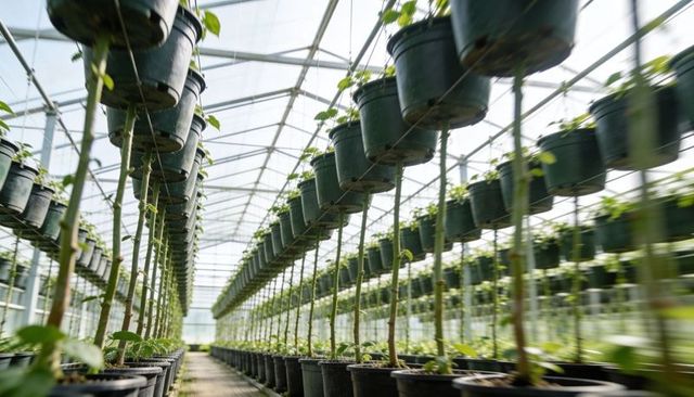 Climbing plants training upward in vertical greenhouse rows with hanging pots and symmetry