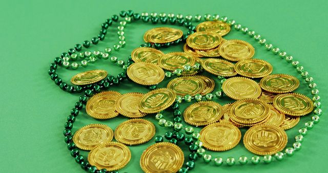 A pile of shiny gold coins is spread out on a green surface, intertwined with a string of green beads, evoking themes of wealth, luck, or St. Patrick's Day celebrations. The vibrant green backdrop accentuates the golden hue of the coins, suggesting a festive or prosperous occasion.