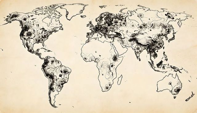 Antique floral world map illustration on sepia parchment featuring hand-drawn ink vines