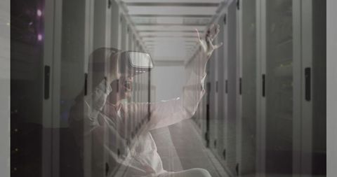 Woman Engaging in Virtual Reality Overlaid on Futuristic Server Room - Download Free Stock Images Pikwizard.com