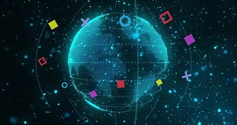 Rotating Holographic Globe with Futuristic Neon Icons