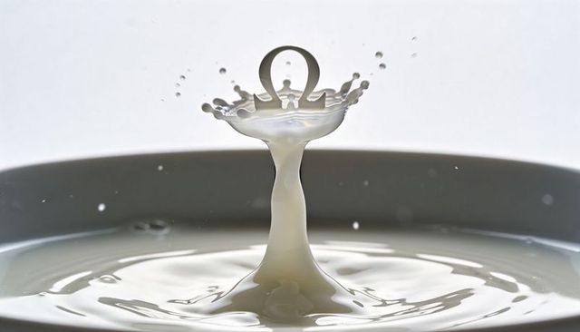 Milk splash forming umbrella crown and circular ring droplet above shallow bowl