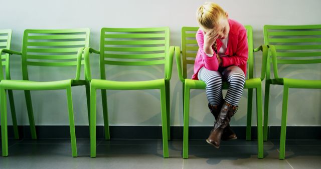 Sad Young Girl Sitting in Waiting Area with Green Chairs - Download Free Stock Images Pikwizard.com