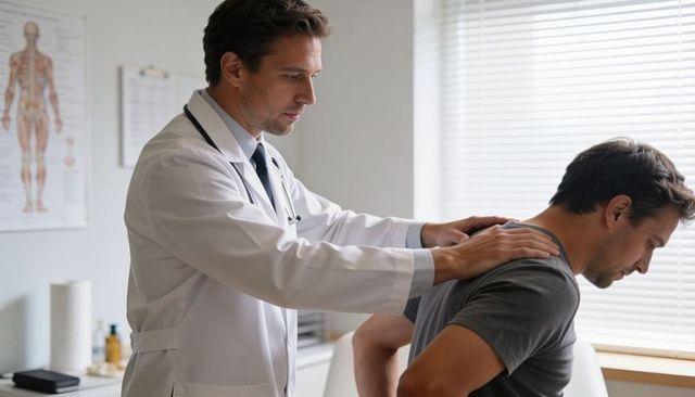 Doctor examining male patient shoulder in clinic - musculoskeletal assessment and care
