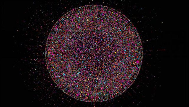 Neon Radial Disk Radiating Colorful Mosaic Grid and Digital Spikes on Black Canvas