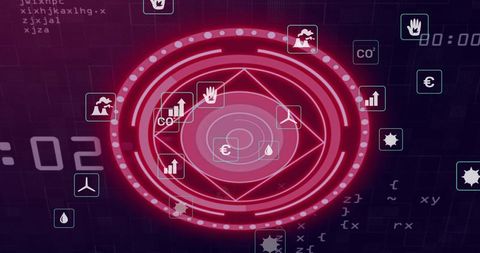 Pulsing neon hud interface showing radial analytics, eco icons and data visualization