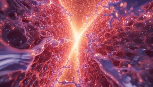 Glowing microscopic tissue channel with honeycomb membranes, filaments and backlit droplets