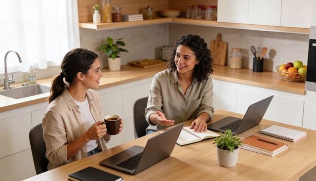 Two women collaborating at home kitchen workspace with laptops, notebooks and coffee