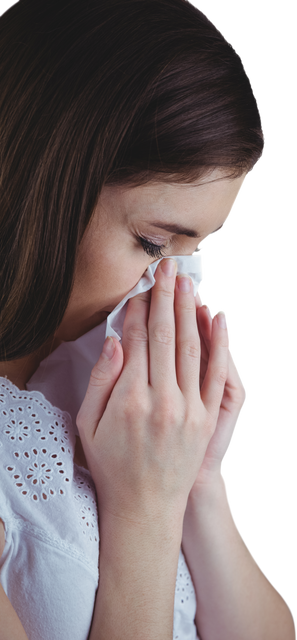 Transparent image of woman blowing nose with tissue - Download Free Stock Videos Pikwizard.com