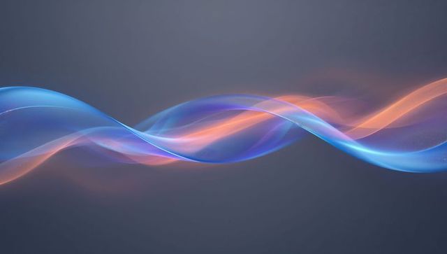 Abstract Fluid Ribbons of Blue and Orange Light Forming Purple Overlaps on Dark Gradient