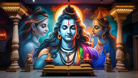Vibrant Mural of Hindu Deities in Temple Shrine