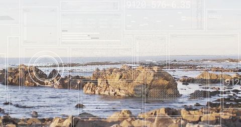 Futuristic Digital Interface Overlay on Rocky Sea Landscape