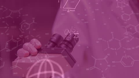 Research Team Using Microscope with Chemical Formula Overlay