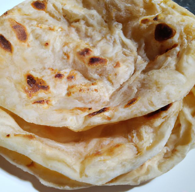 High-resolution details of roti canai reveal its textures and warm color. Ideal for articles or blogs about Indian cuisine, traditional recipes, or culinary photography. Also suitable for use in flyers, menus, or promotional material for restaurants offering Indian dishes.
