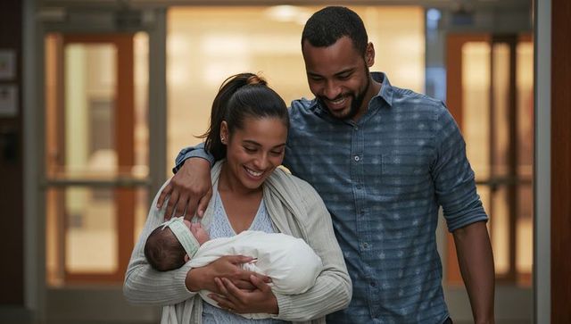 Smiling Couple with Newborn in Cozy Hospital Setting