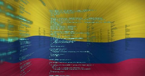 Colombian Flag Streaming Over Digital Code Matrix, Neon Cybersecurity and Tech Identity