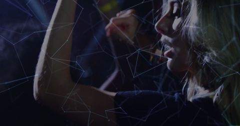 Energetic singer with abstract digital network illustrations