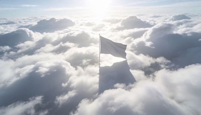 Floating white flag above cloudscape casting long shadow at sunrise ethereal minimal concept