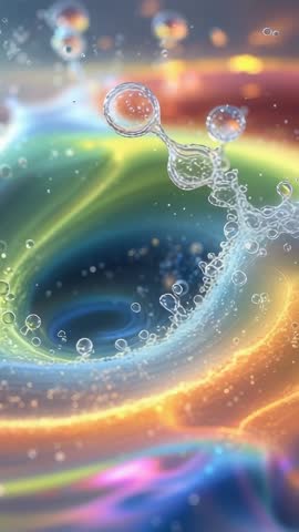 Droplets Falling into Rainbow Vortex Pulsing with Chainlinked Bubbles in Neon Cosmic