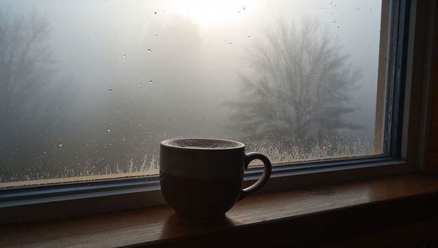 Mug on Windowsill Amid Misty Morning Rain