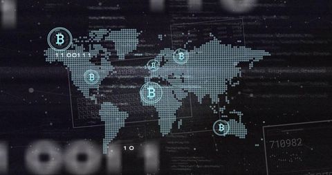 Global bitcoin network visualization on neon cyan dotted world map with binary data