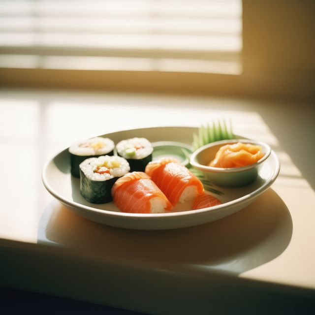 Close up of selection of sushi rolls on plate, created using generative ai technology - Download Free Stock Photos Pikwizard.com