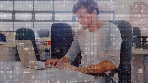 Focused Businessman with Digital Data Overlay in Modern Office