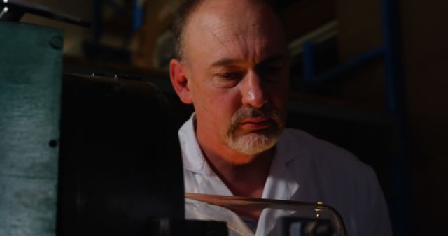 Middle-aged male engineer concentrating on an industrial machine in a workshop. Image highlights concepts like technical expertise, precision work, and engineering profession. Ideal for use in articles, websites, or advertisements related to engineering, manufacturing, technical work, and industrial settings.