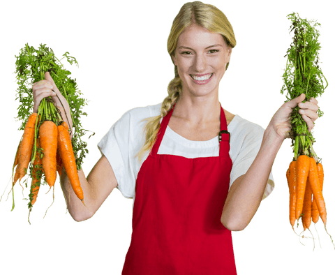 Smiling female vendor holding fresh carrots transparent background