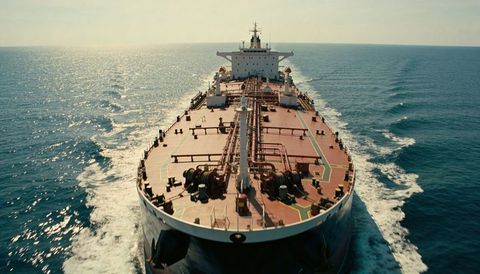Oil tanker cutting through open ocean aerial view showing bulbous bow and deck piping