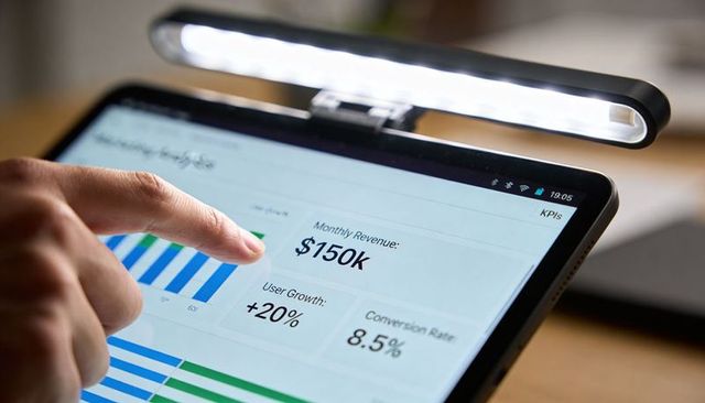 Finger Touching Tablet Dashboard Showing KPIs $150K Revenue User Growth +20% LED Lamp