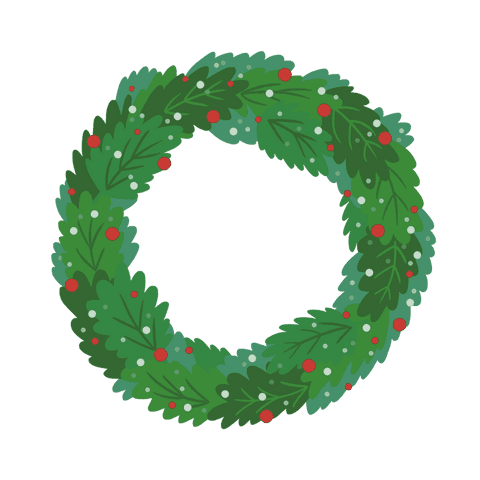 Festive green wreath with red and white berries on transparent background