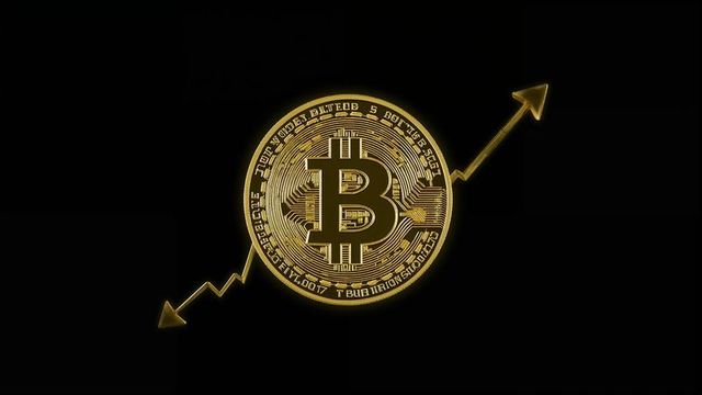 Golden bitcoin rising with upward trending graph in black background