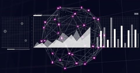 3D Wireframe Network Globe Pulsing Over Dark Virtual Dashboard for Data Visualization