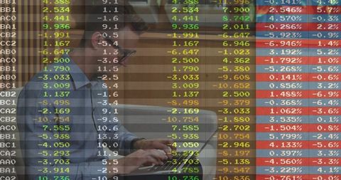 Business professional analyzing financial data with chart overlay