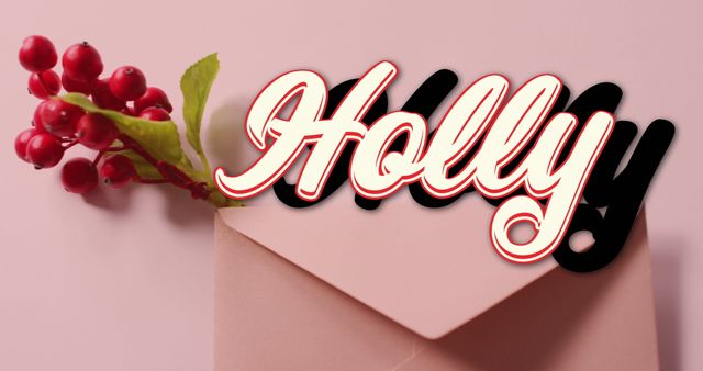 Festive Holly Banner with Red Berries and Envelope on Pink Background - Download Free Stock Images Pikwizard.com